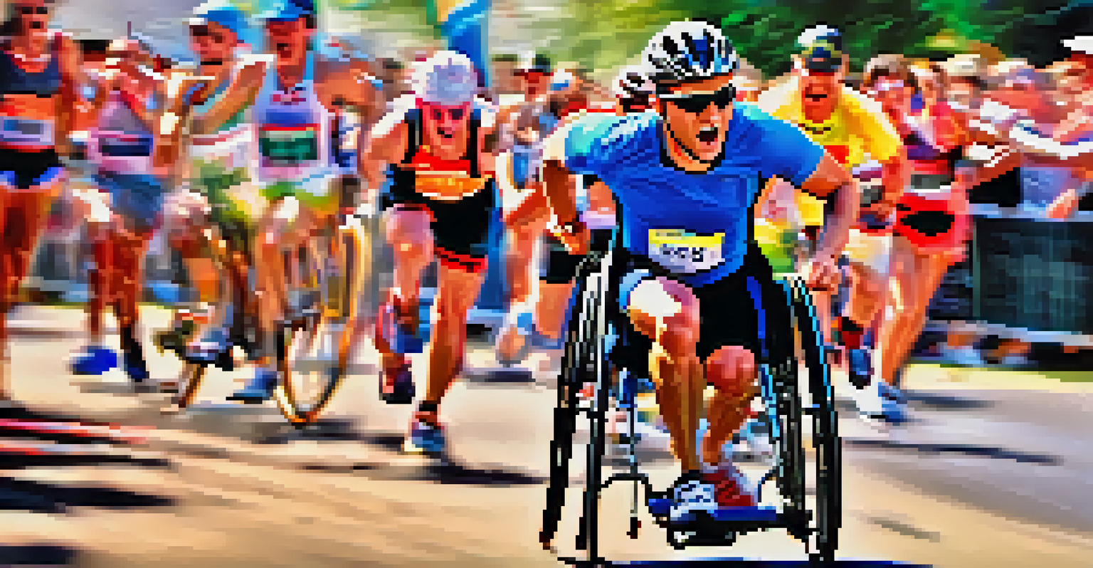 An athlete with a disability competes in a wheelchair marathon, with a blurred cheering crowd in the background.
