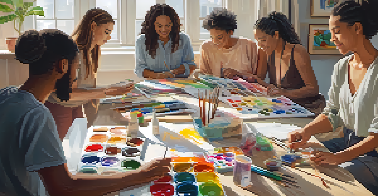 A group of individuals in an art therapy session, creating art with various supplies in a bright room.