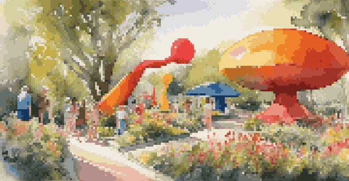 A colorful outdoor art installation with oversized sculptures of everyday objects amidst greenery and flowers, illuminated by warm sunlight.