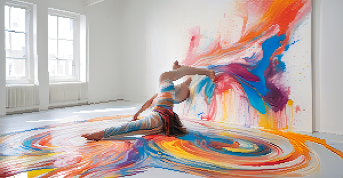 A performance artist in a white room, covered in colorful paint, expressing vulnerability through movement.