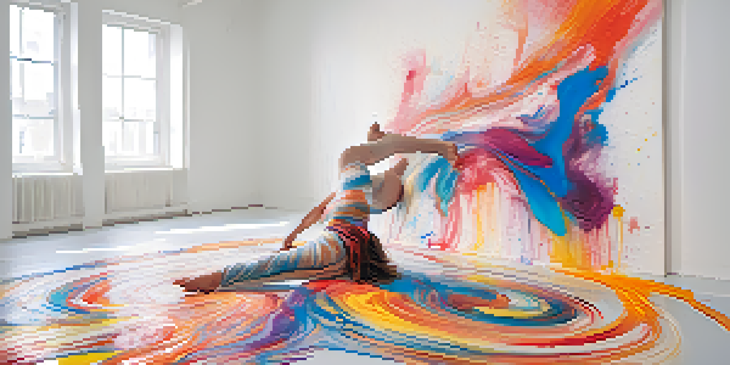 A performance artist in a white room, covered in colorful paint, expressing vulnerability through movement.