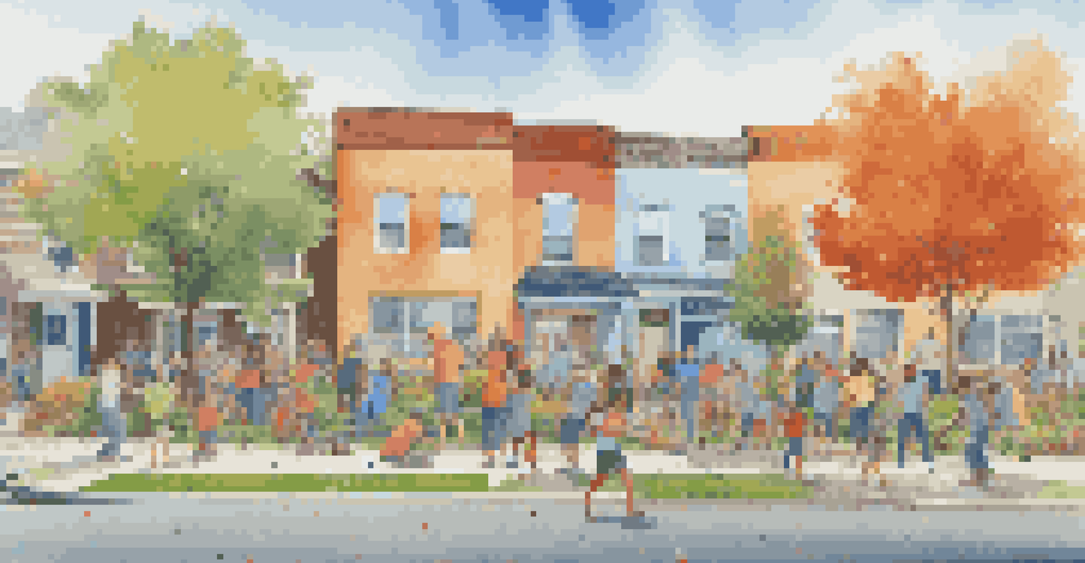 A group of diverse people working together on a colorful mural in a suburban neighborhood.