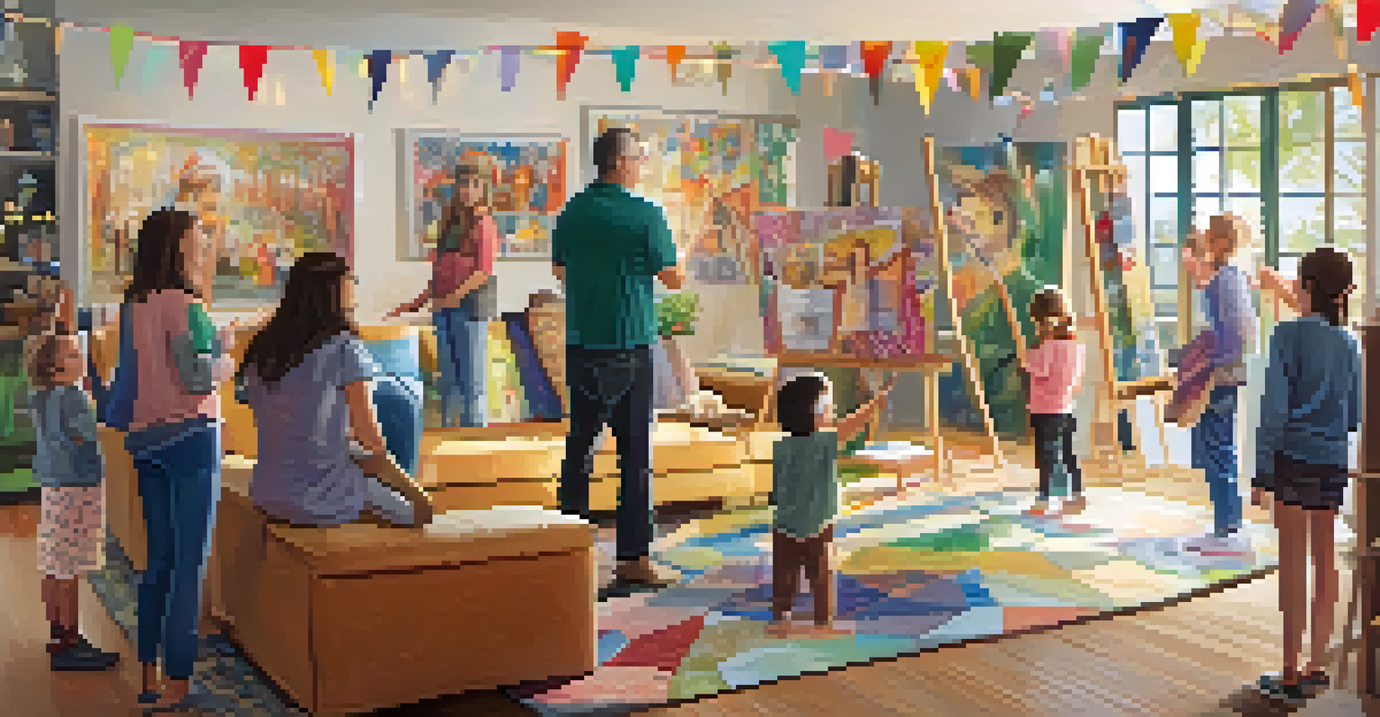 A family art show in a living room, with family members admiring and discussing various artworks surrounded by decorations.