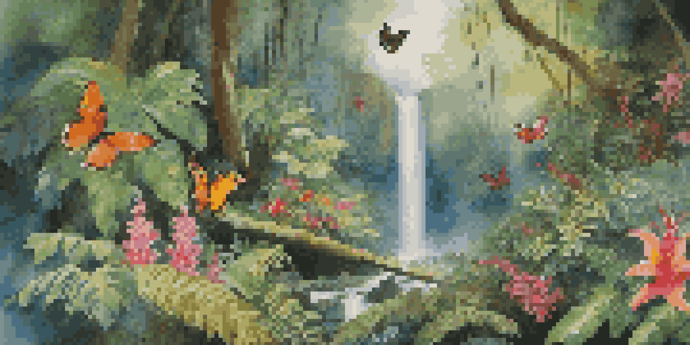 A lush tropical rainforest with colorful flowers, a waterfall, and sunlight filtering through the trees.