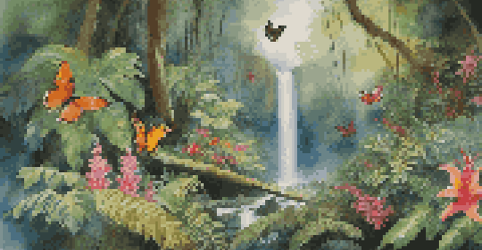 A lush tropical rainforest with colorful flowers, a waterfall, and sunlight filtering through the trees.