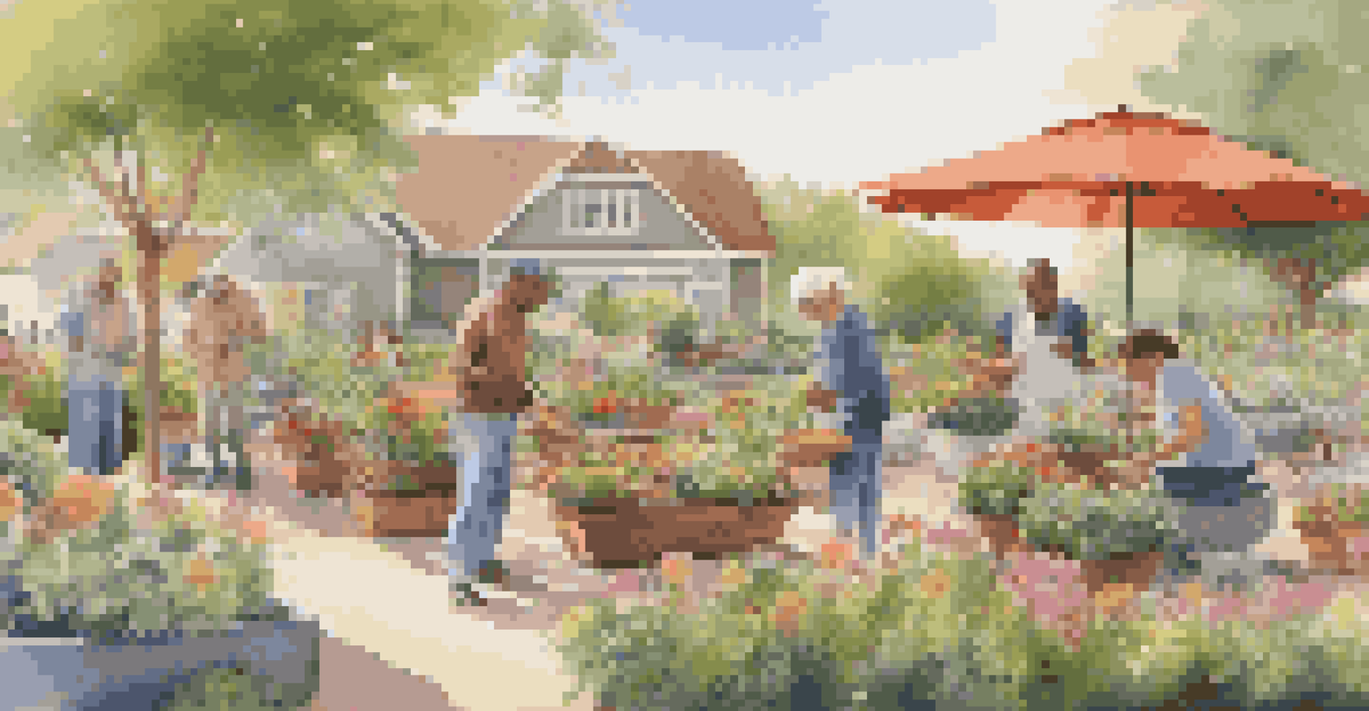 A peaceful community garden with residents working together on planting and decorating, filled with vibrant flowers.