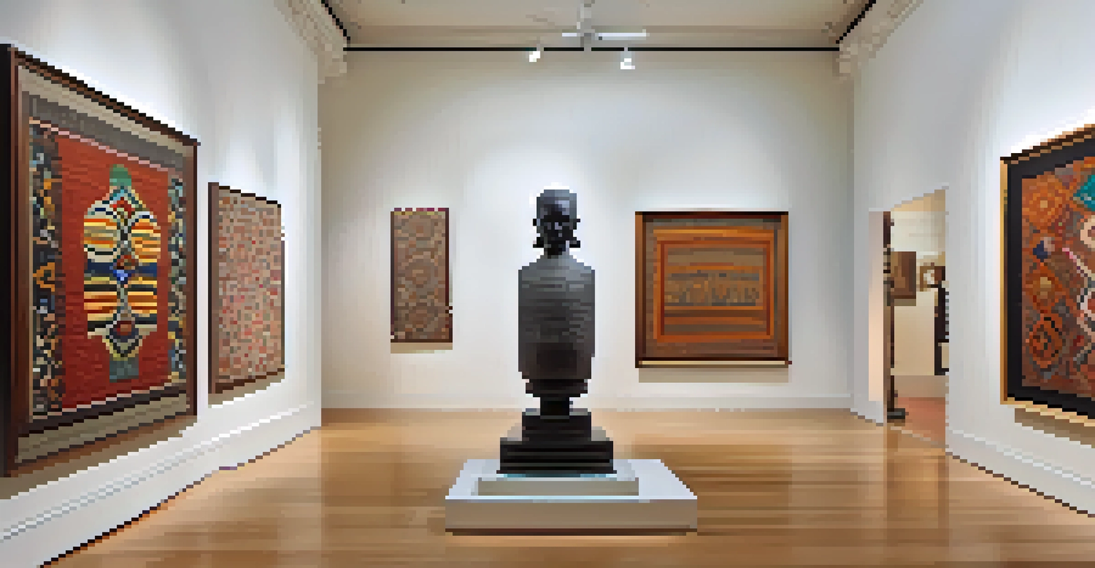 An art gallery showcasing diverse artworks that blend Victorian and African elements, with soft lighting enhancing the exhibits.