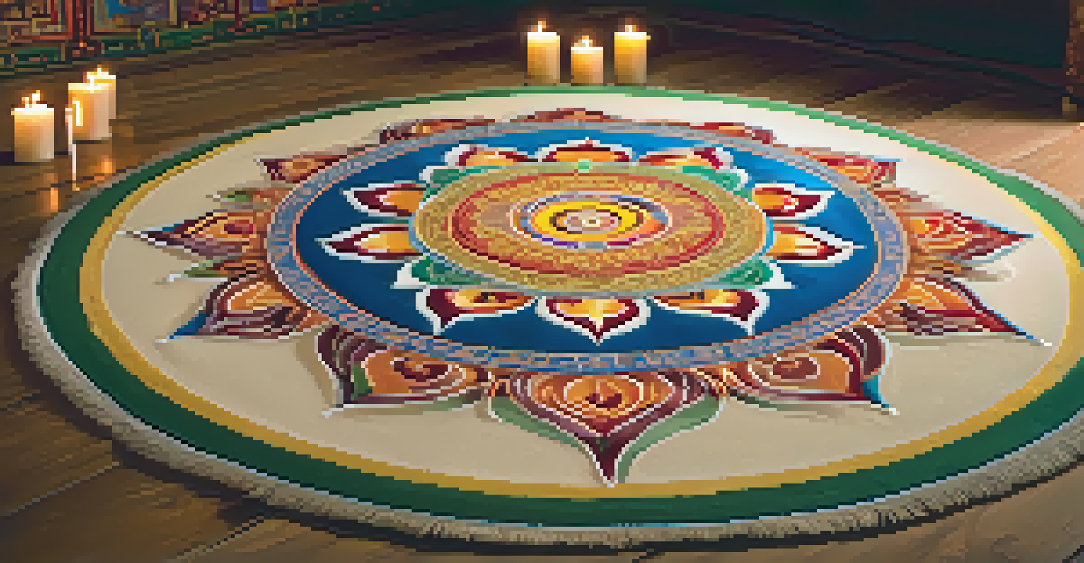 An intricate sand mandala created by monks, showcasing colorful patterns and surrounded by candles, representing impermanence.