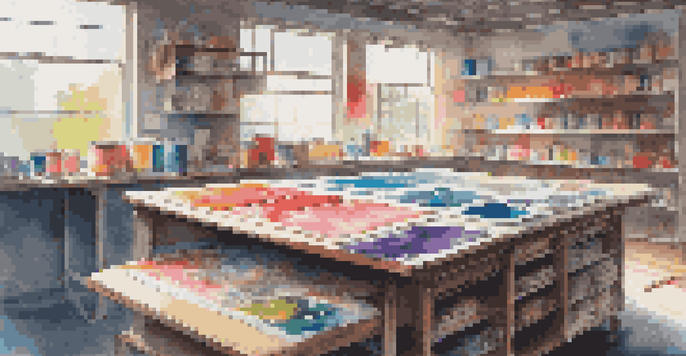 A colorful screen printing workspace with inks, squeegee, and printed fabrics under soft natural light.