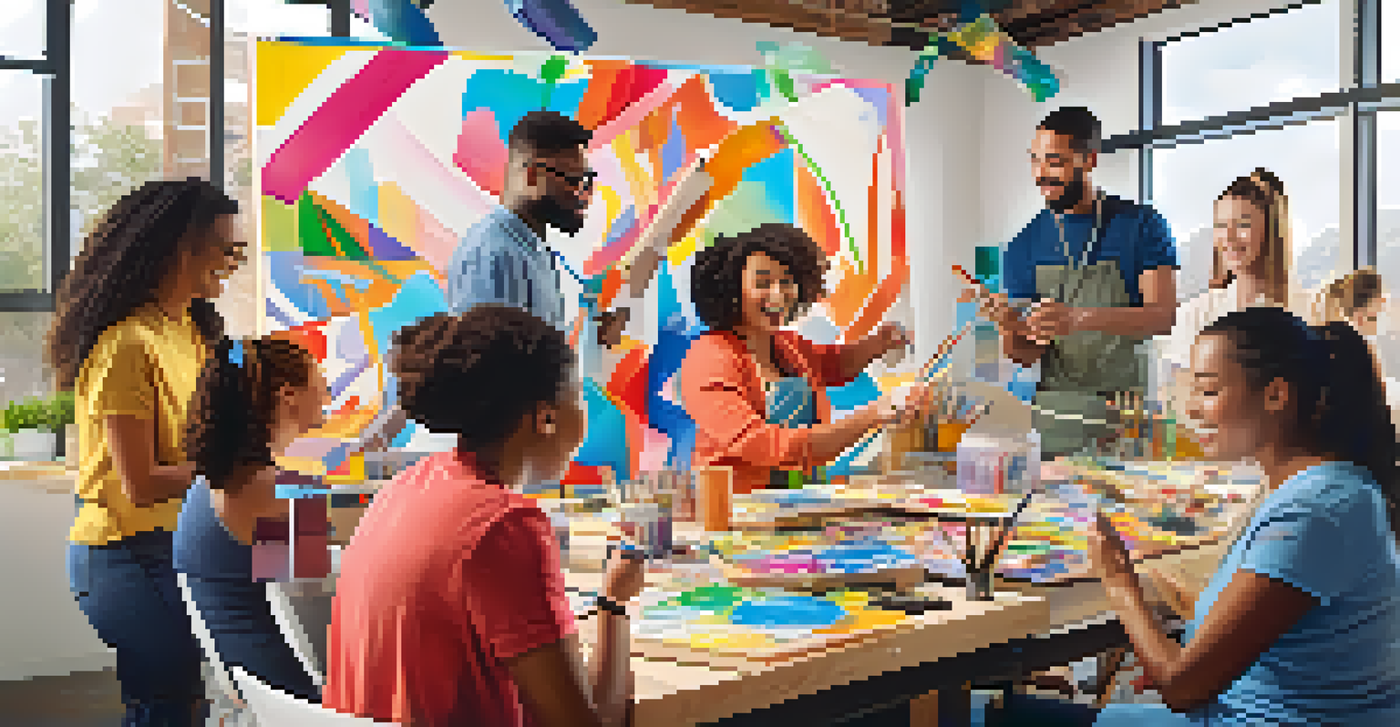 A diverse group of individuals engaged in a creative workshop, filled with bright colors and joyful expressions.