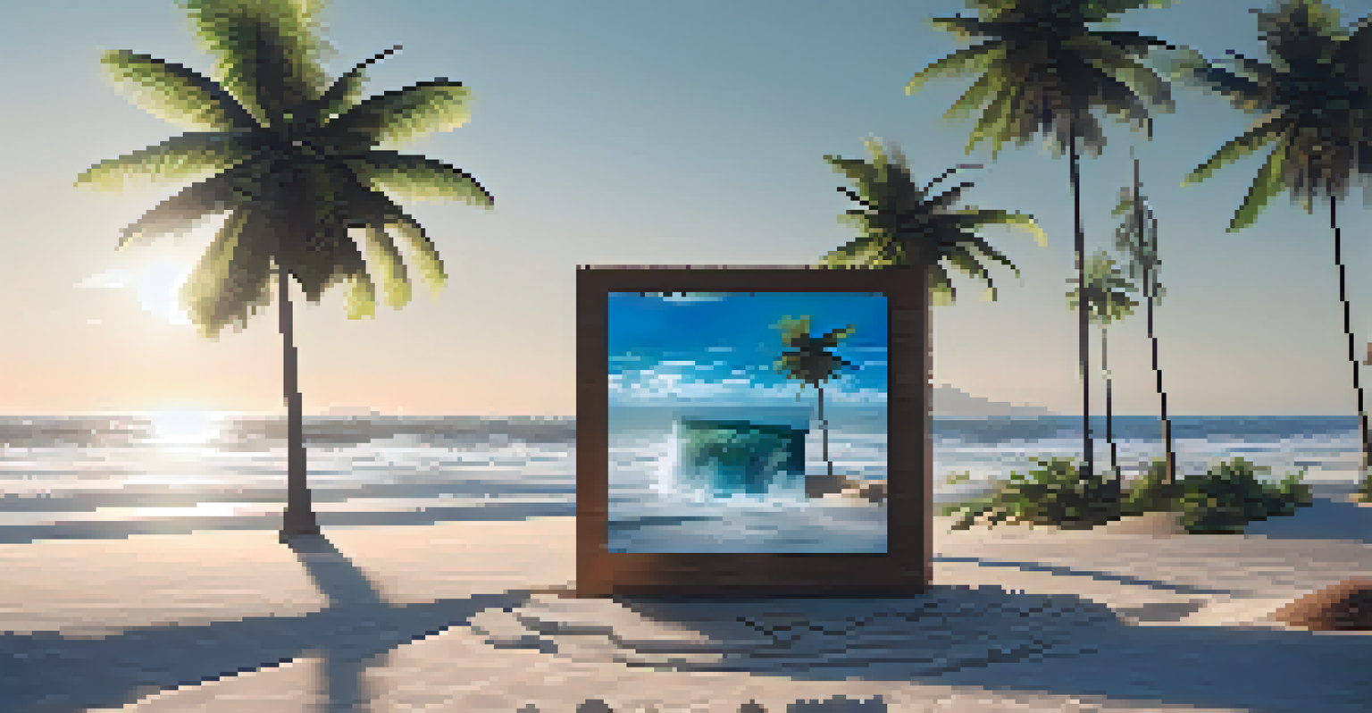 A digital art installation showcasing a virtual reality experience of climate change effects, with a beach transforming into flood.