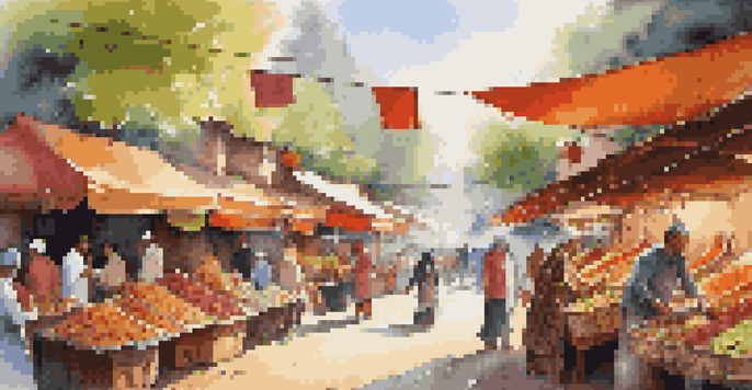 A lively street market filled with colorful stalls and diverse people, showcasing traditional crafts and foods.
