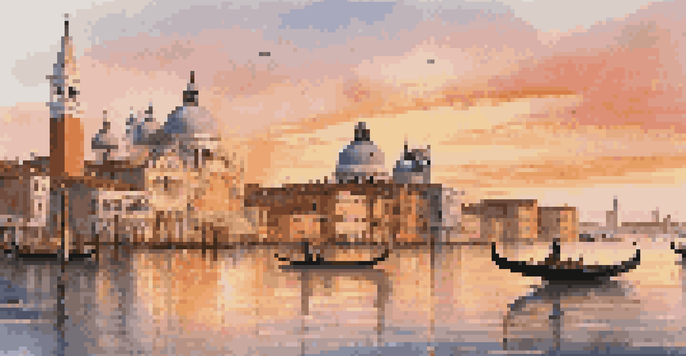 A panoramic view of Venice at sunset, highlighting the Basilica di San Marco and gondolas on the canals.