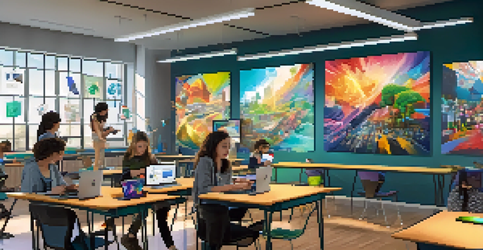 A lively art classroom with students of different backgrounds using modern technology for creative projects.