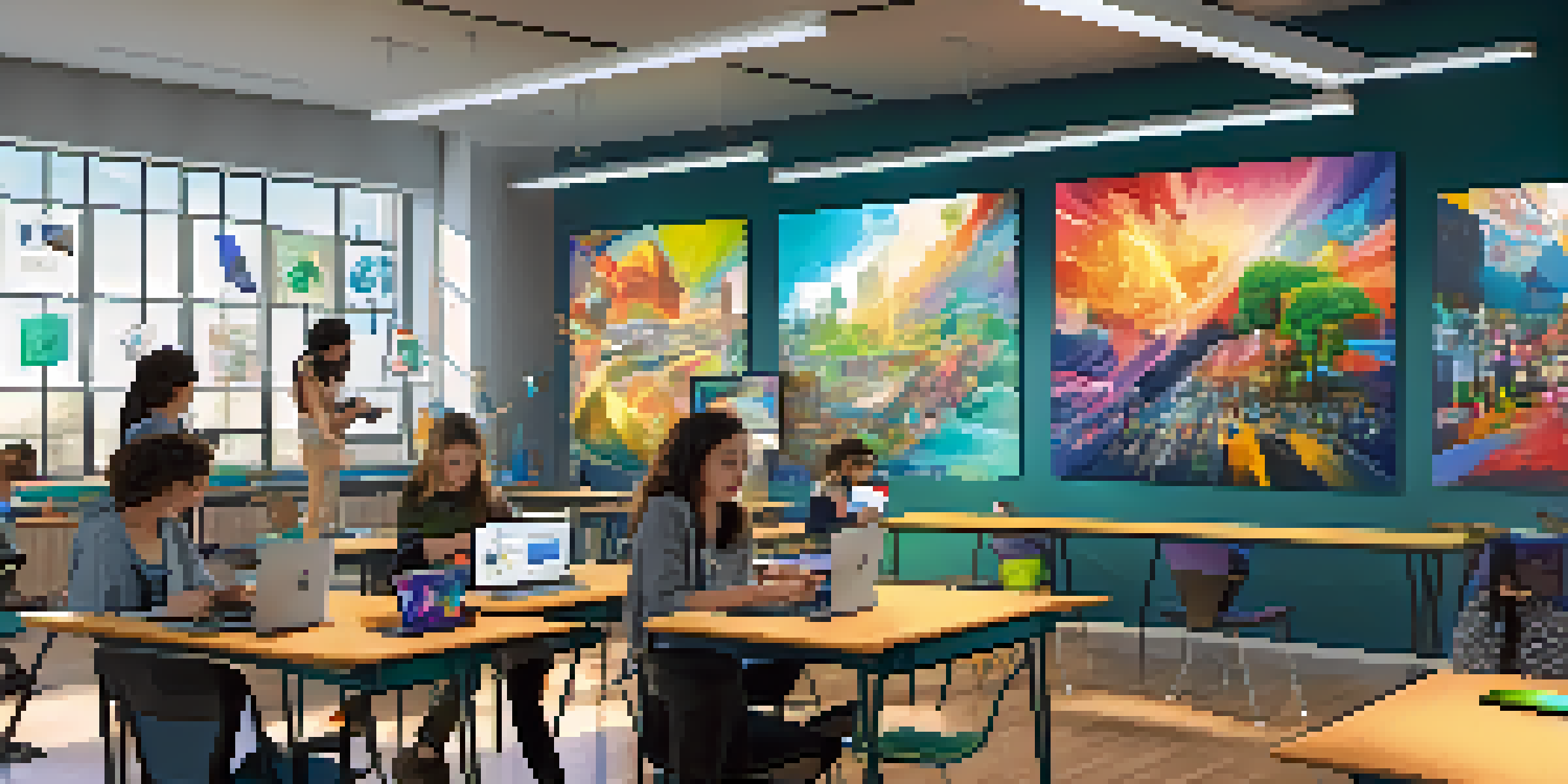 A lively art classroom with students of different backgrounds using modern technology for creative projects.