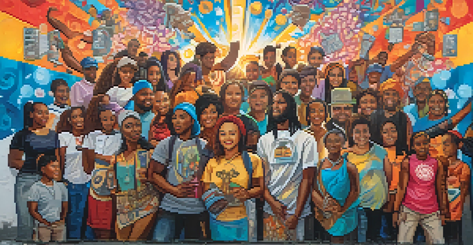 A colorful street mural showing diverse activists united, each representing different social causes with bright symbols and messages, under warm sunlight.