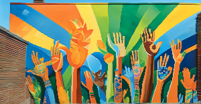 A colorful mural showing diverse people united, with hands raised in solidarity and floral motifs around them.