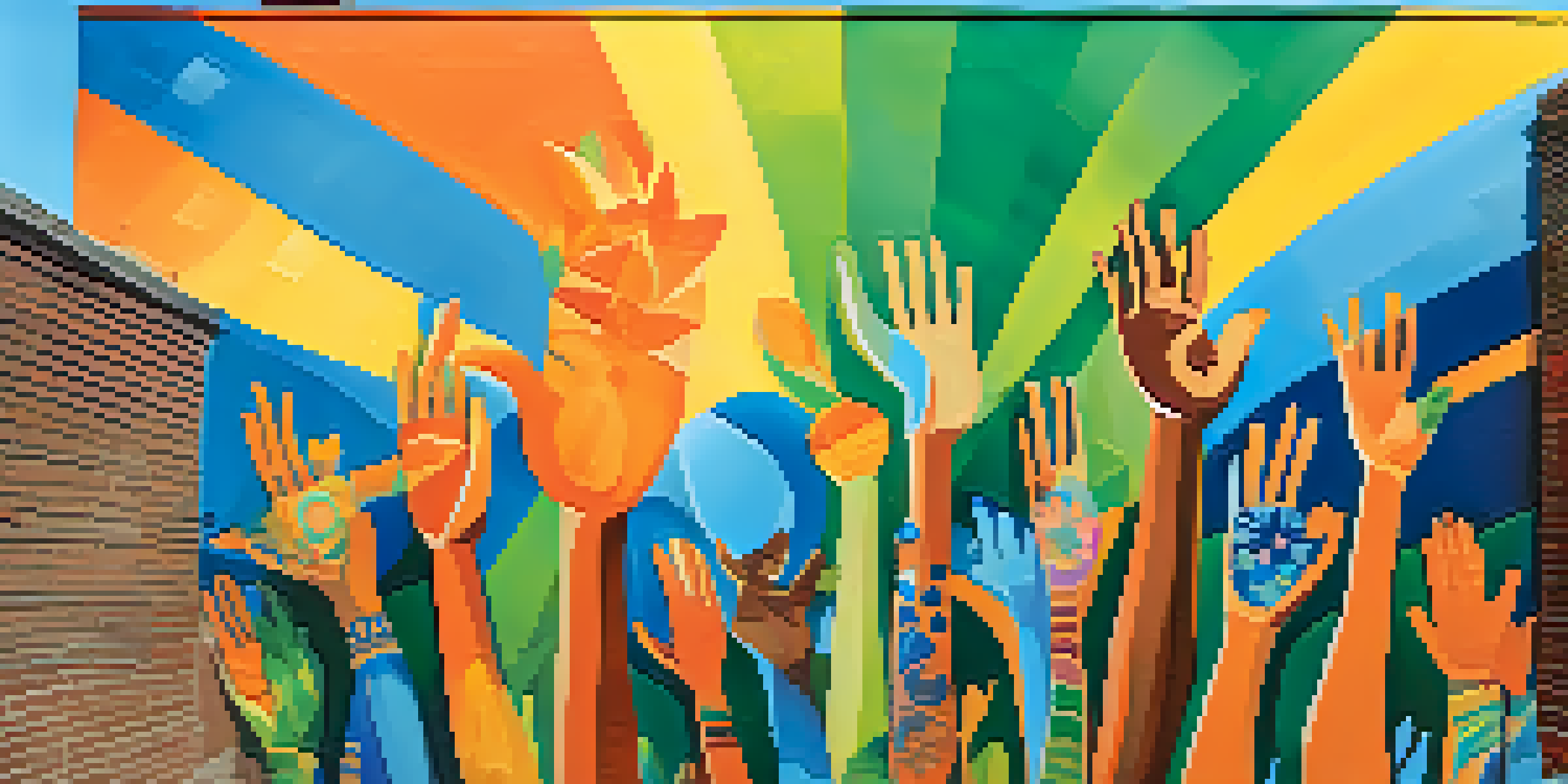A colorful mural showing diverse people united, with hands raised in solidarity and floral motifs around them.