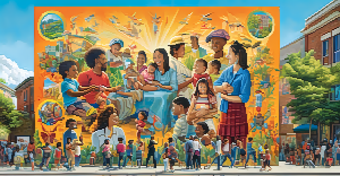 A colorful mural depicting the importance of vaccination, with diverse people engaging with the art in a sunny urban setting.