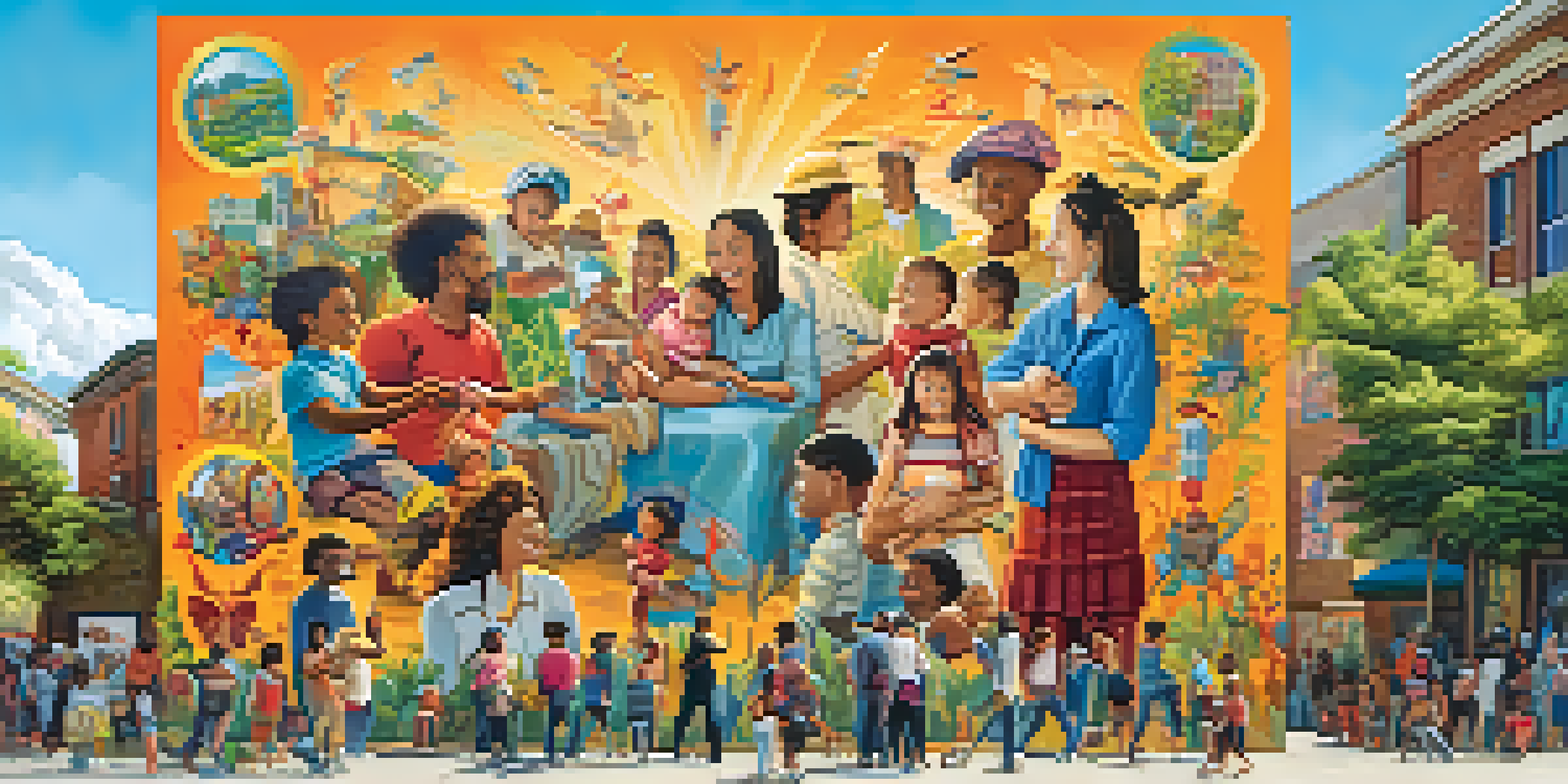 A colorful mural depicting the importance of vaccination, with diverse people engaging with the art in a sunny urban setting.