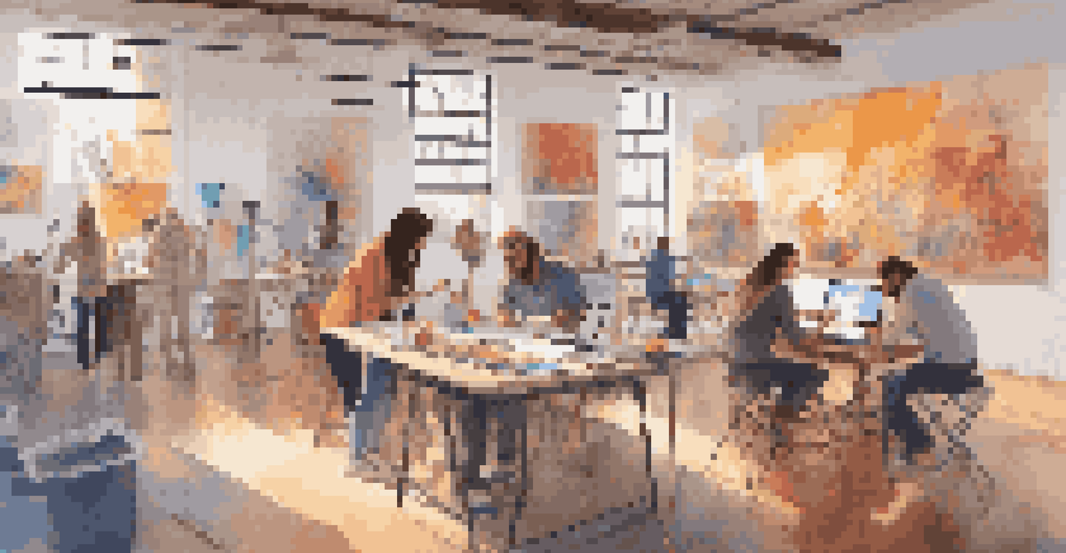 Artists collaborating in a bright workspace with sketches and colorful murals around them.