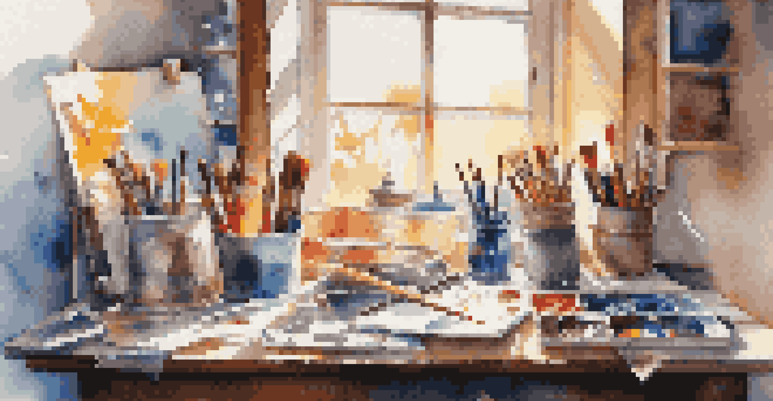 An artist's workspace with colorful art supplies and a bright canvas under sunlight.