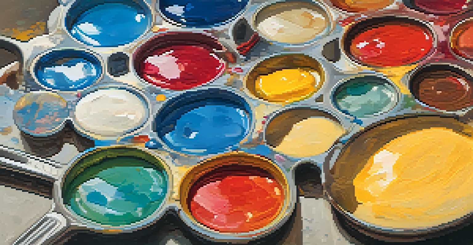 A close-up image of an artist's palette with a variety of vibrant colors and textured remnants of paint, illuminated by soft natural light.