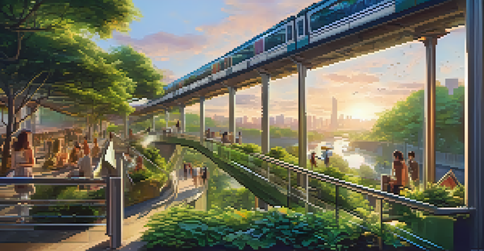 An elevated public park with greenery and art installations, filled with people enjoying the space during sunset.