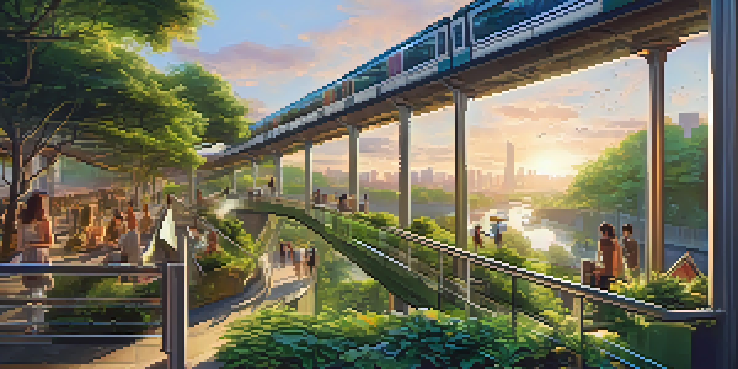 An elevated public park with greenery and art installations, filled with people enjoying the space during sunset.