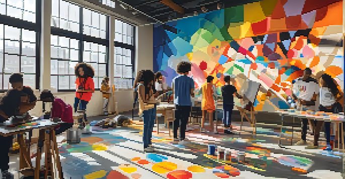 A diverse group of young people actively painting a large mural in an art workshop, with sunlight illuminating the space.
