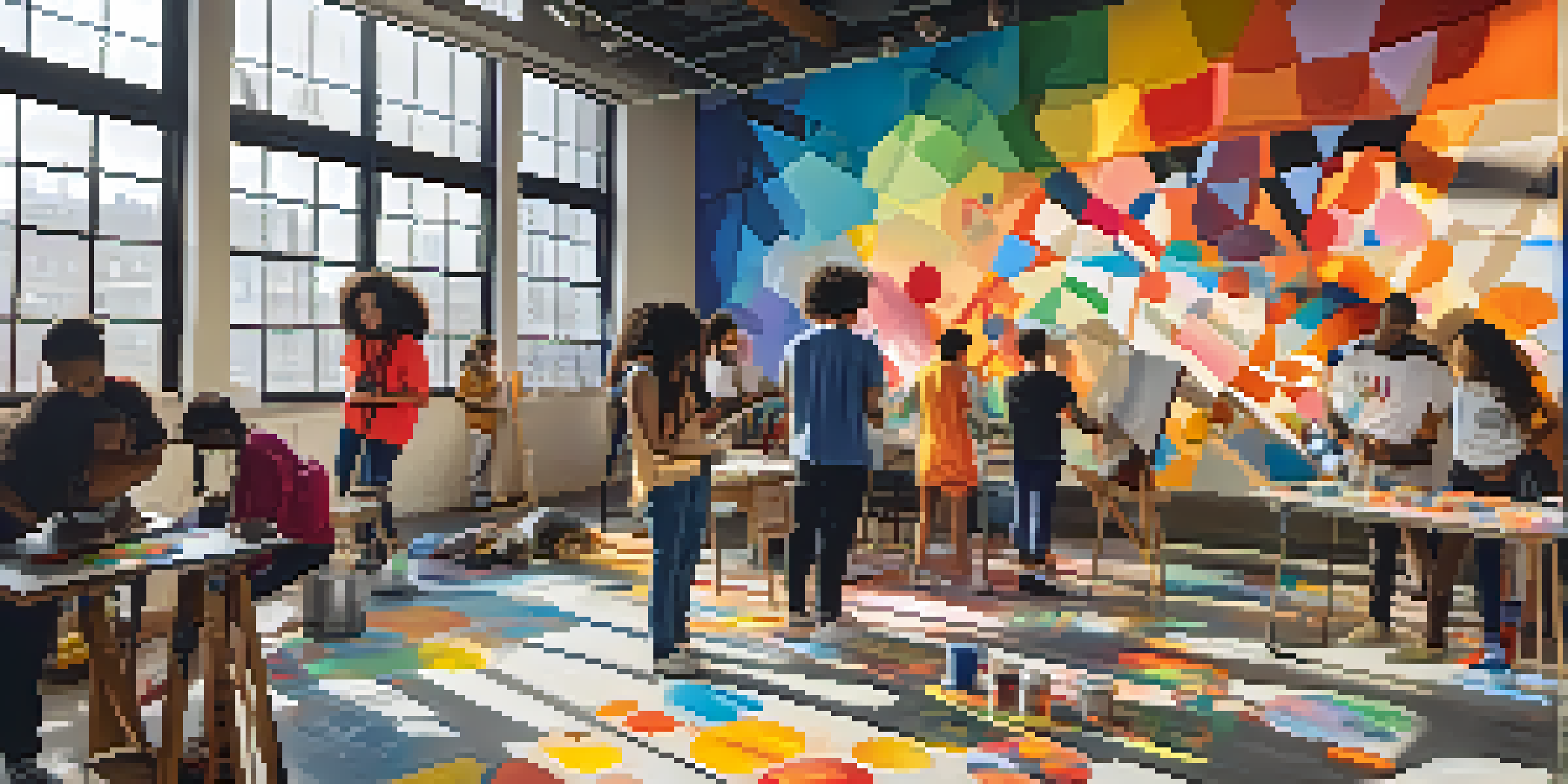 A diverse group of young people actively painting a large mural in an art workshop, with sunlight illuminating the space.