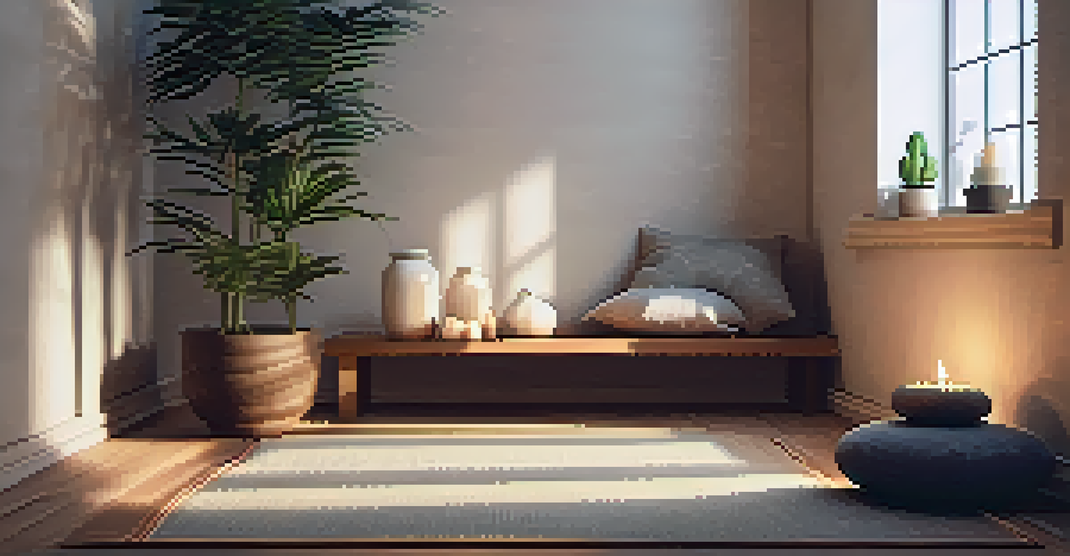 A tranquil meditation space with a cushion on a textured rug, surrounded by candles and plants in warm lighting.