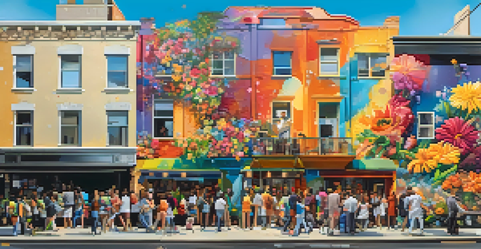 A colorful urban mural showing diverse people collaborating amidst flowers and abstract designs on a sunlit city street.