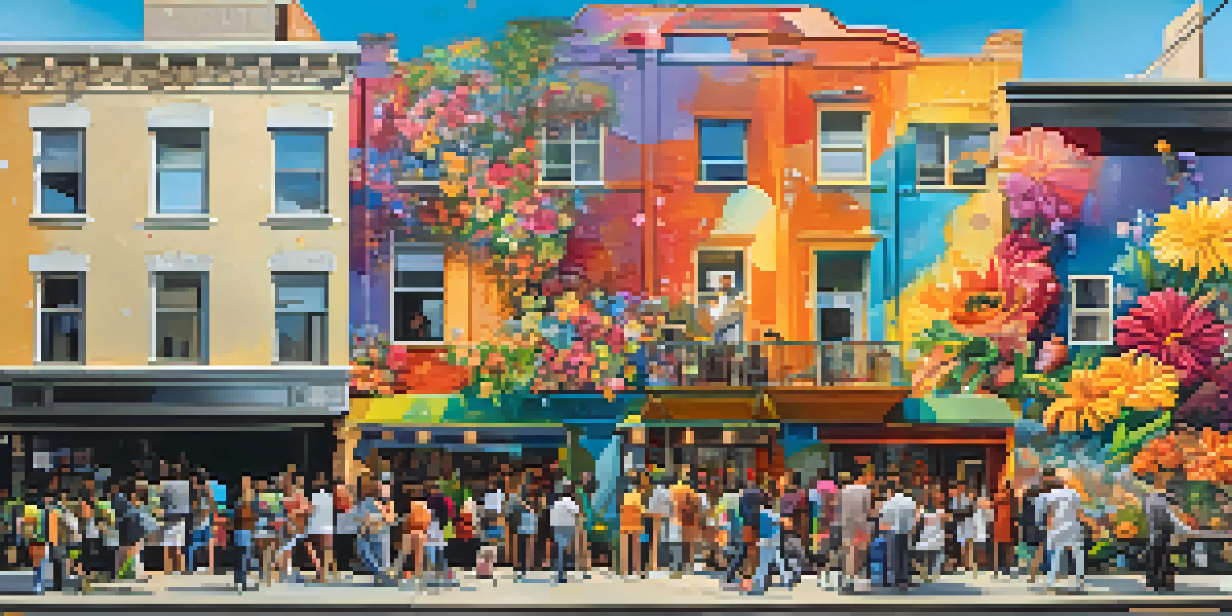 A colorful urban mural showing diverse people collaborating amidst flowers and abstract designs on a sunlit city street.