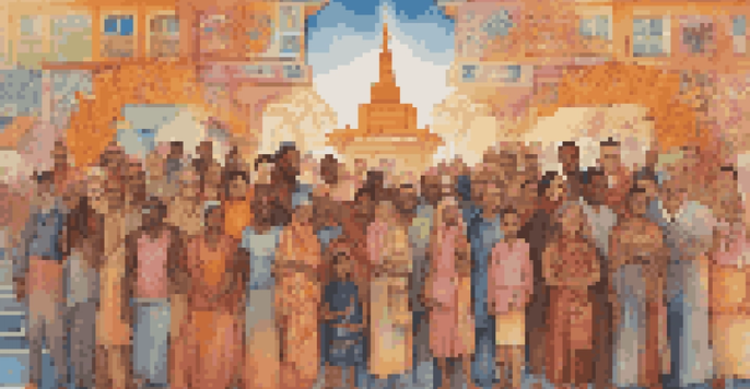 A colorful mural showing people from diverse backgrounds standing together, symbolizing unity, with traditional patterns surrounding them.