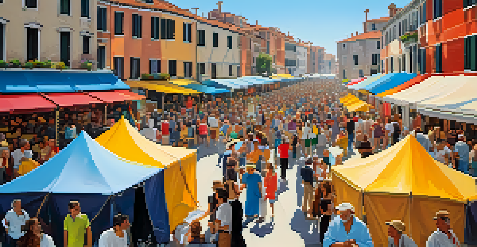 A lively art festival in Venice with artists showcasing their work, visitors engaging, and colorful installations under a blue sky.