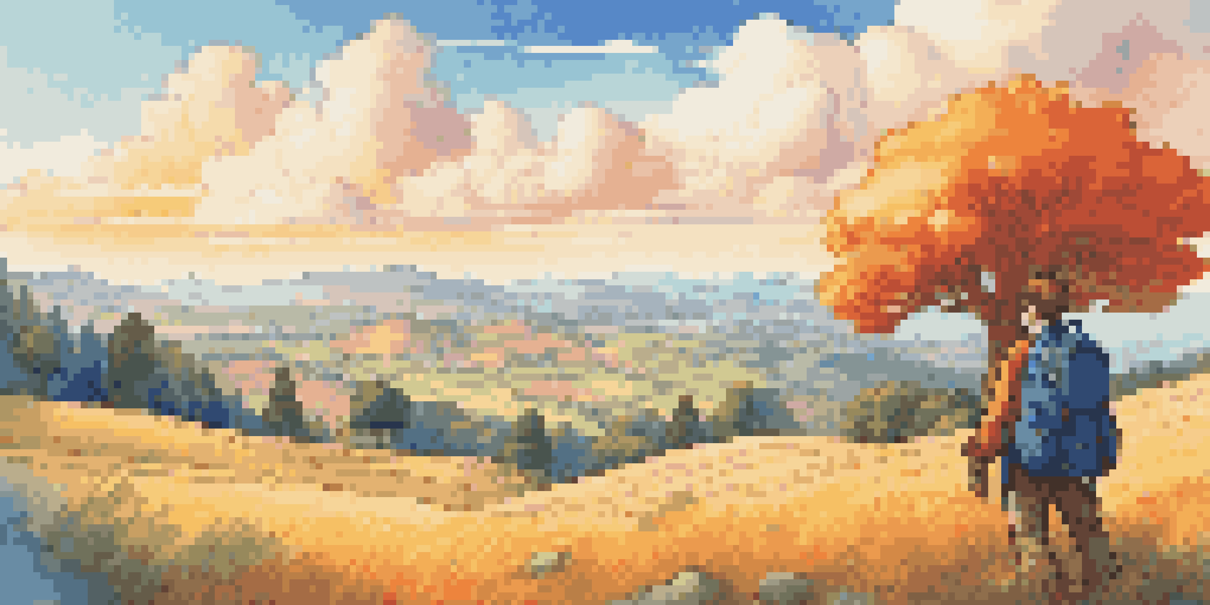 A colorful pixelated landscape with rolling hills and a small character looking out over the scenery under a bright sky.