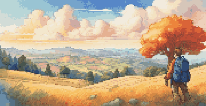 A colorful pixelated landscape with rolling hills and a small character looking out over the scenery under a bright sky.