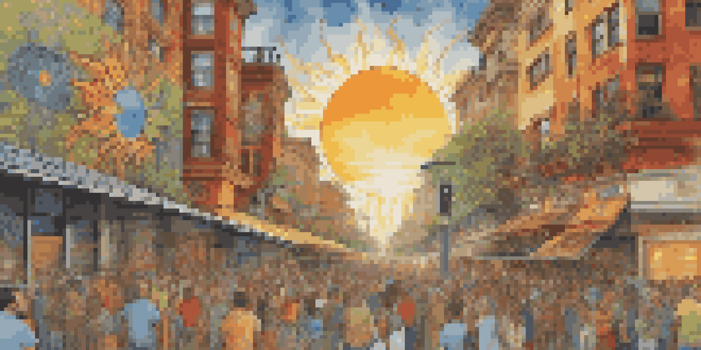 A colorful mural showing the sun changing into solar panels, with people admiring it in an urban setting.