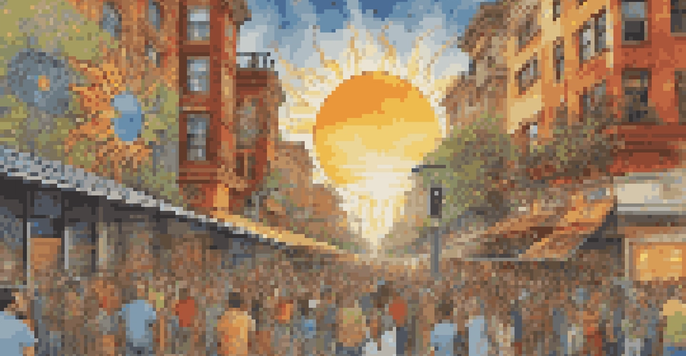 A colorful mural showing the sun changing into solar panels, with people admiring it in an urban setting.