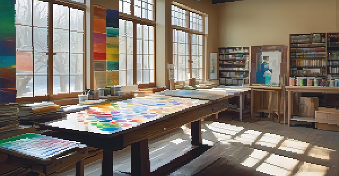 A peaceful printmaking studio with a wooden table filled with inks and printing plates, bathed in soft natural light.