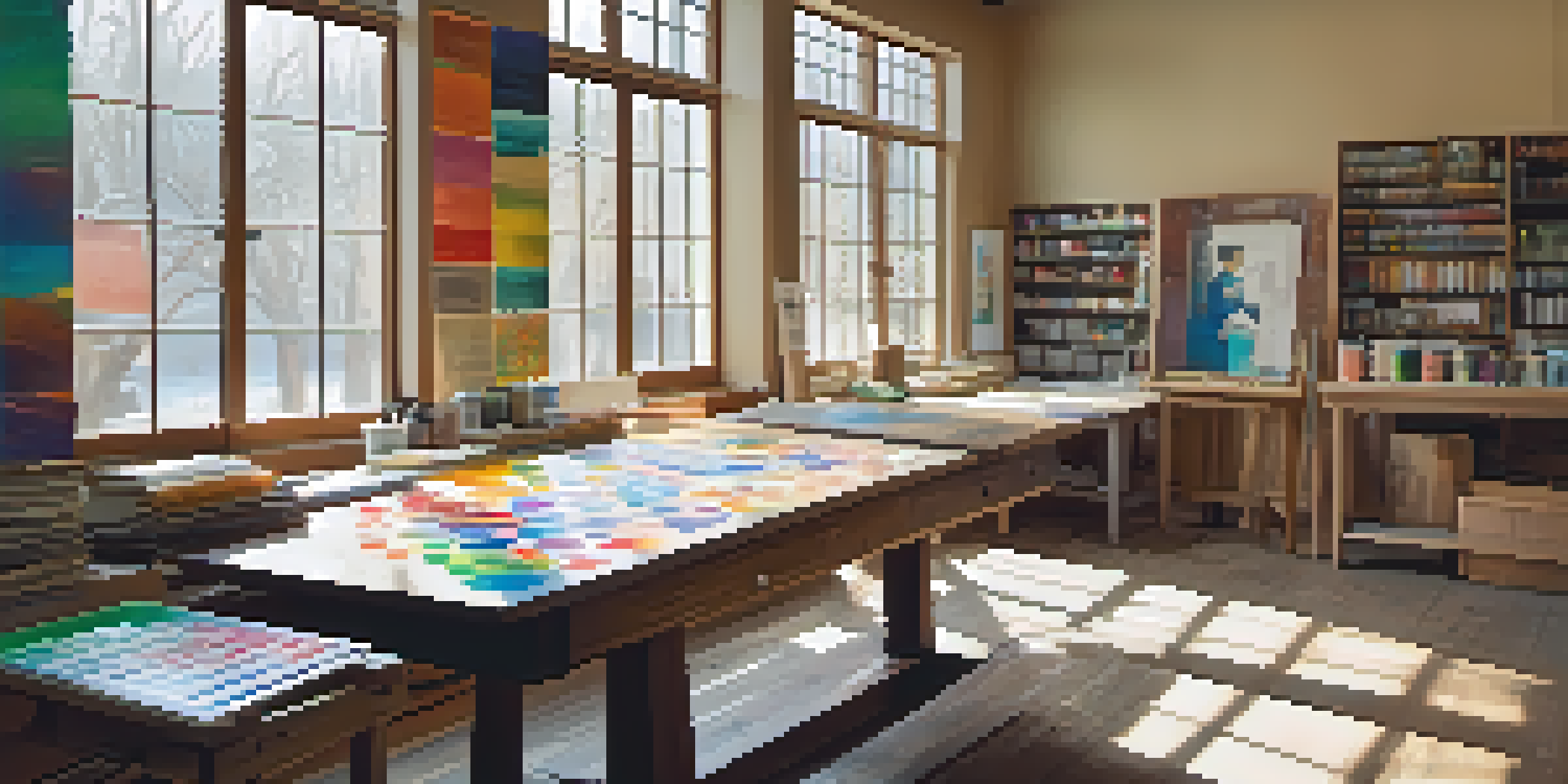 A peaceful printmaking studio with a wooden table filled with inks and printing plates, bathed in soft natural light.