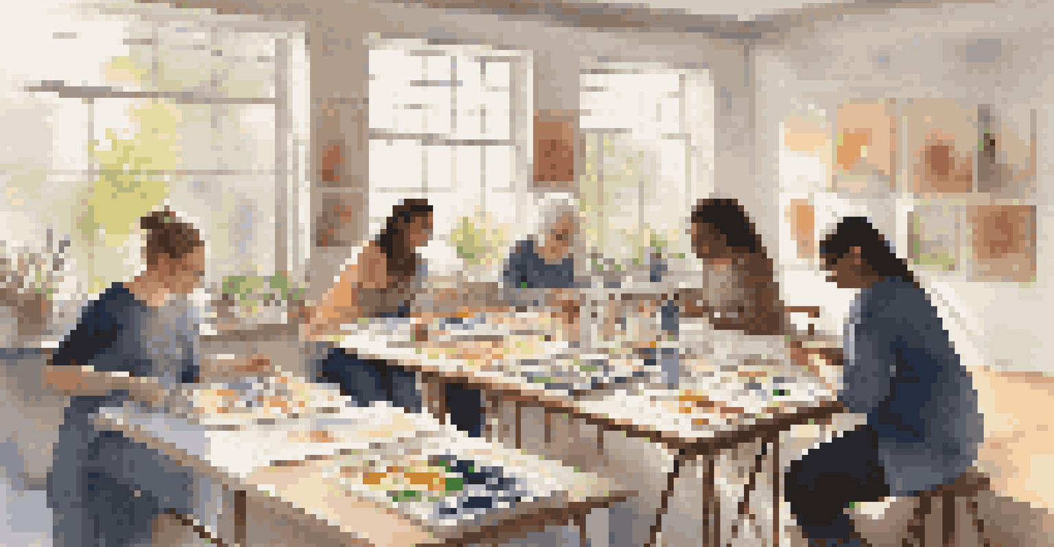 Participants of various ages engaged in a peaceful art therapy session in a bright studio filled with art supplies.
