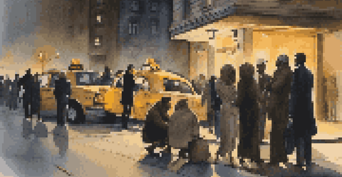 A well-dressed businesswoman attempting to catch a taxi, with a group of homeless individuals sitting nearby on the sidewalk, under streetlights at dusk.