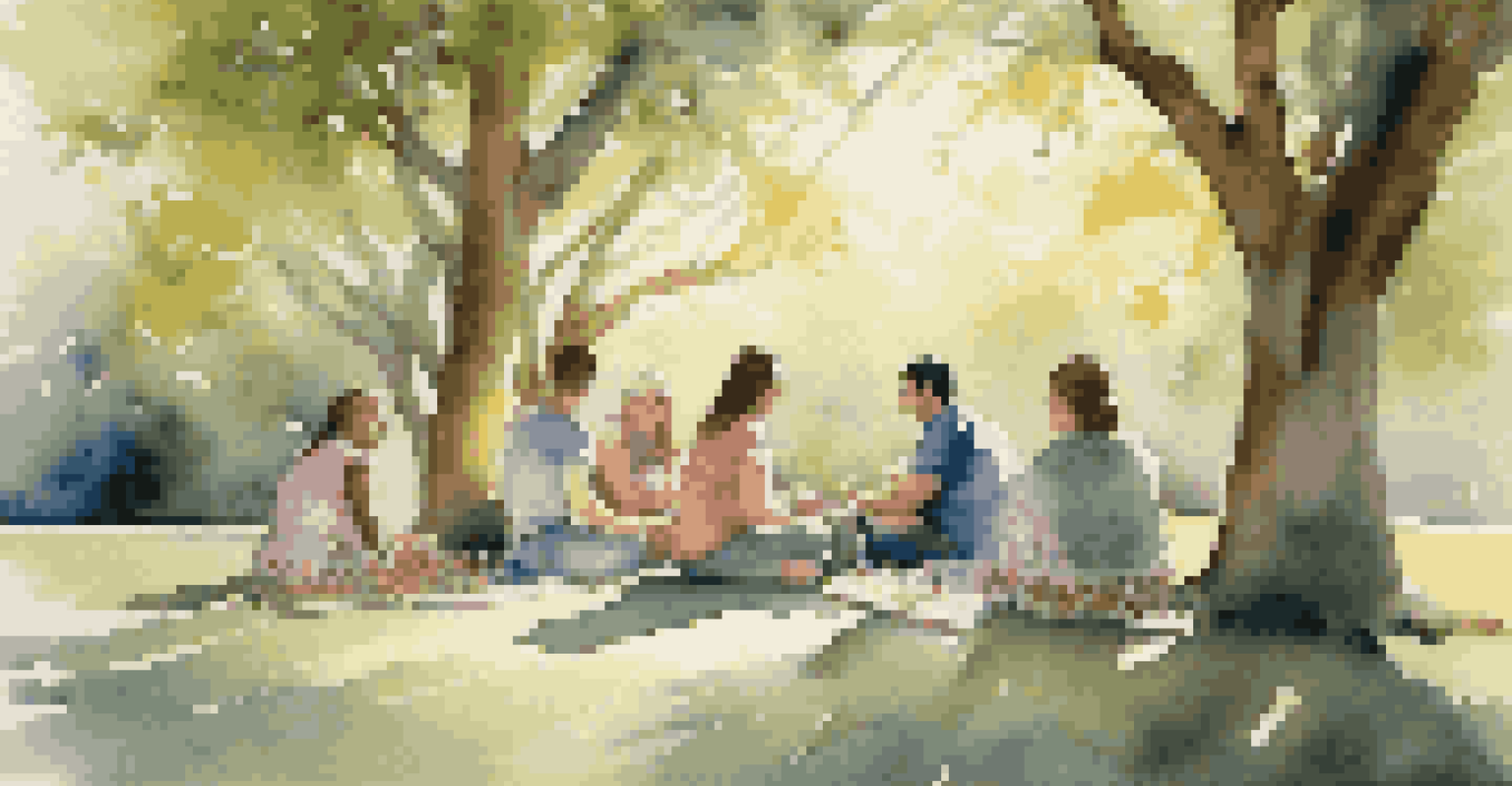 A peaceful outdoor scene with individuals from diverse backgrounds sitting together and painting on canvases, surrounded by trees and flowers, with sunlight filtering through the leaves.