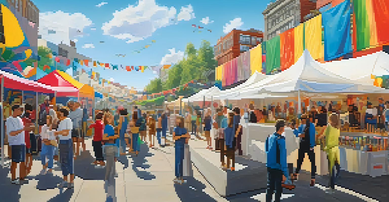 A lively outdoor art exhibition with large installations and colorful murals, where visitors engage with the art.