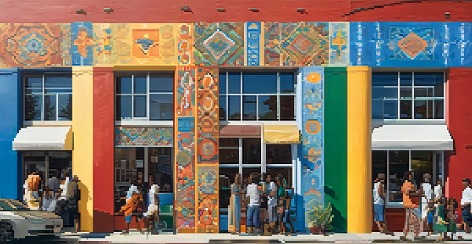 A colorful mural depicting community members participating in different activities, reflecting local culture and history.