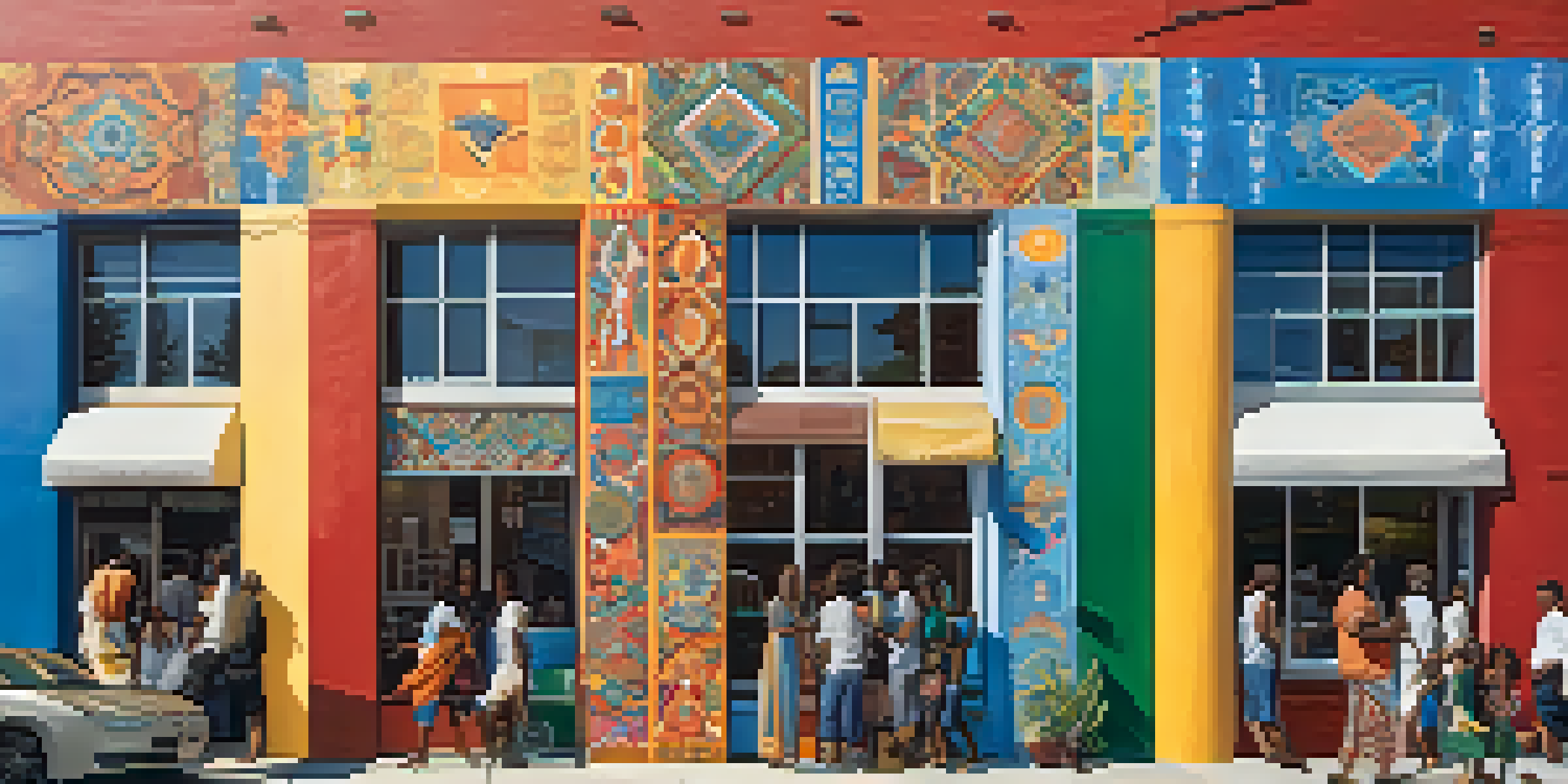 A colorful mural depicting community members participating in different activities, reflecting local culture and history.