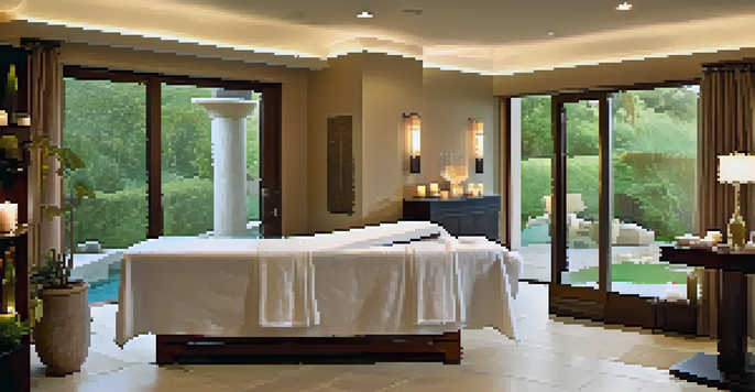A peaceful spa room with a calming abstract painting, warm lighting, and a massage table with towels and candles.