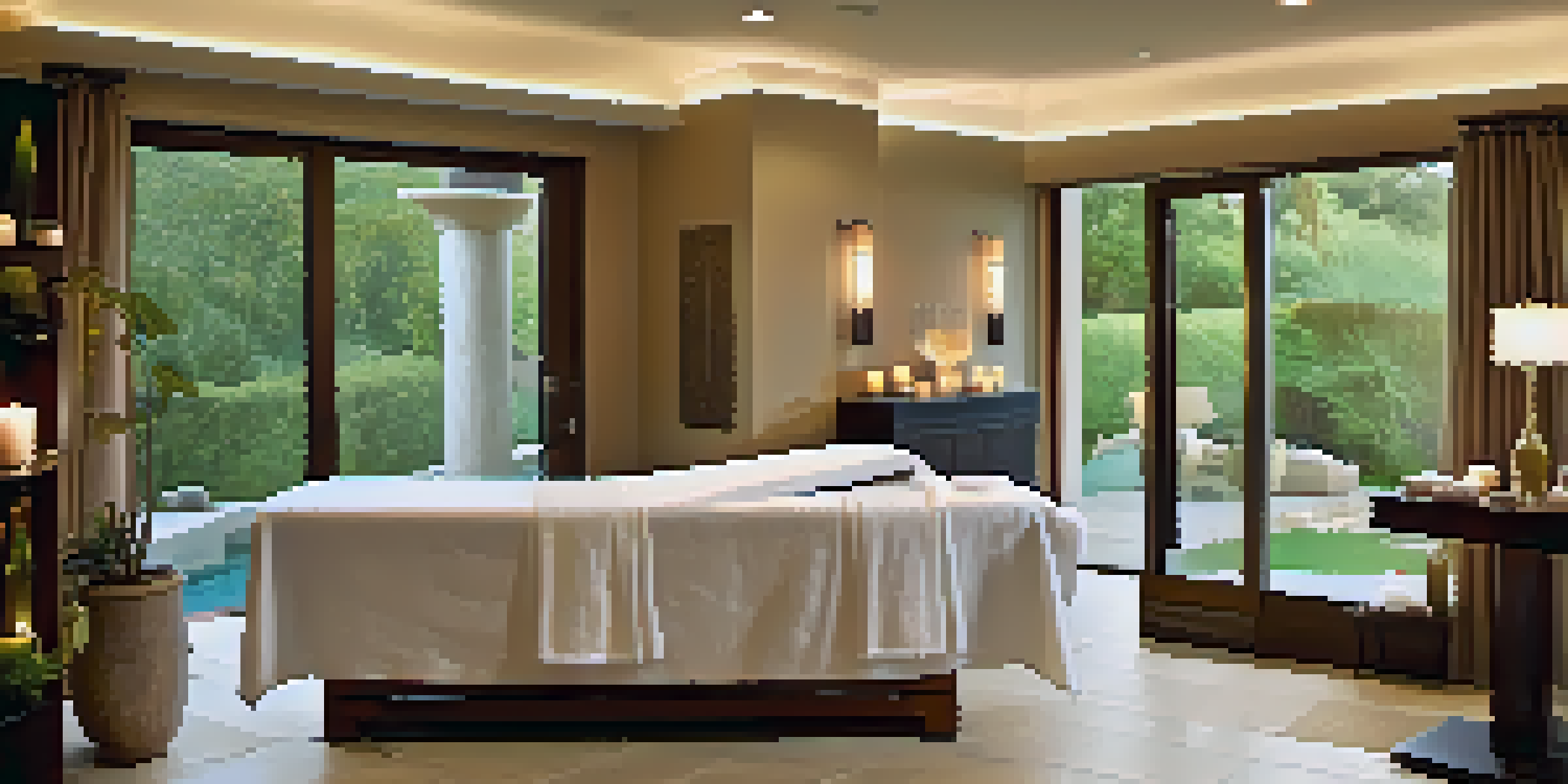 A peaceful spa room with a calming abstract painting, warm lighting, and a massage table with towels and candles.